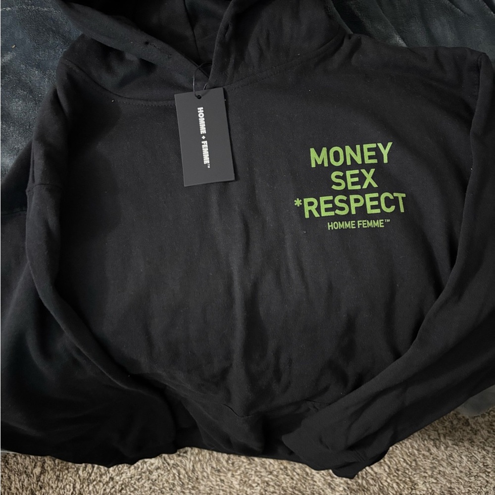 Homme Femme Black Hoodie with Green Text Money *ex Respect